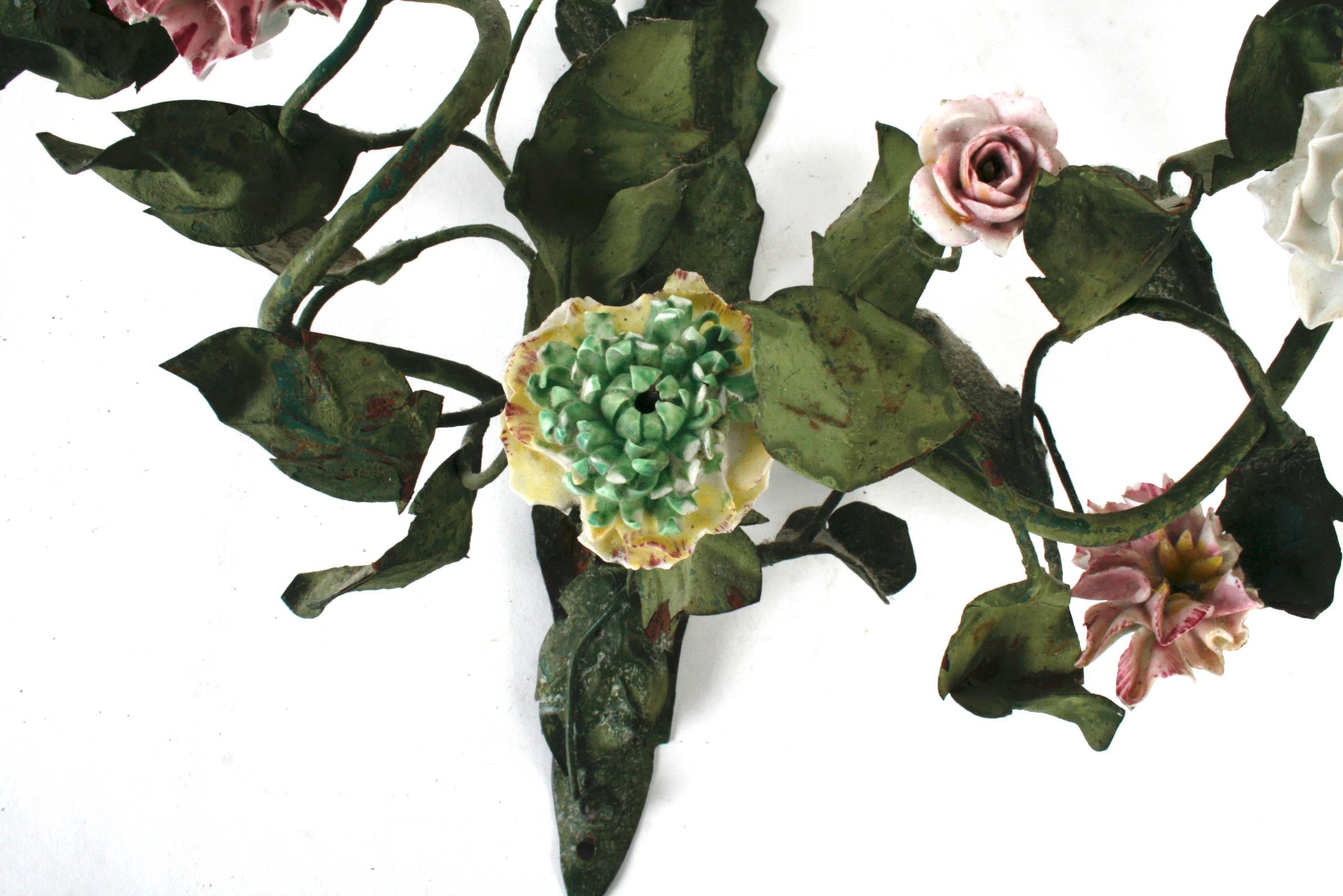 19th Century Green Tole Sconces with Hand-Painted Faience Flowers 4