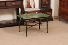 19th Century Green Tole Tray on Faux Bamboo Form Stand with Seashells