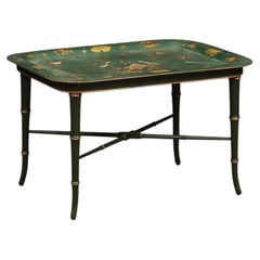 19th Century Green Tole Tray on Faux Bamboo Form Stand with Seashells
