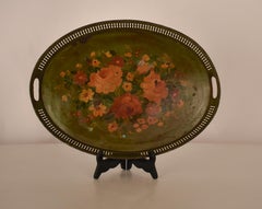 19th Century green tray with flowers in hand-painted metal. France 1960's