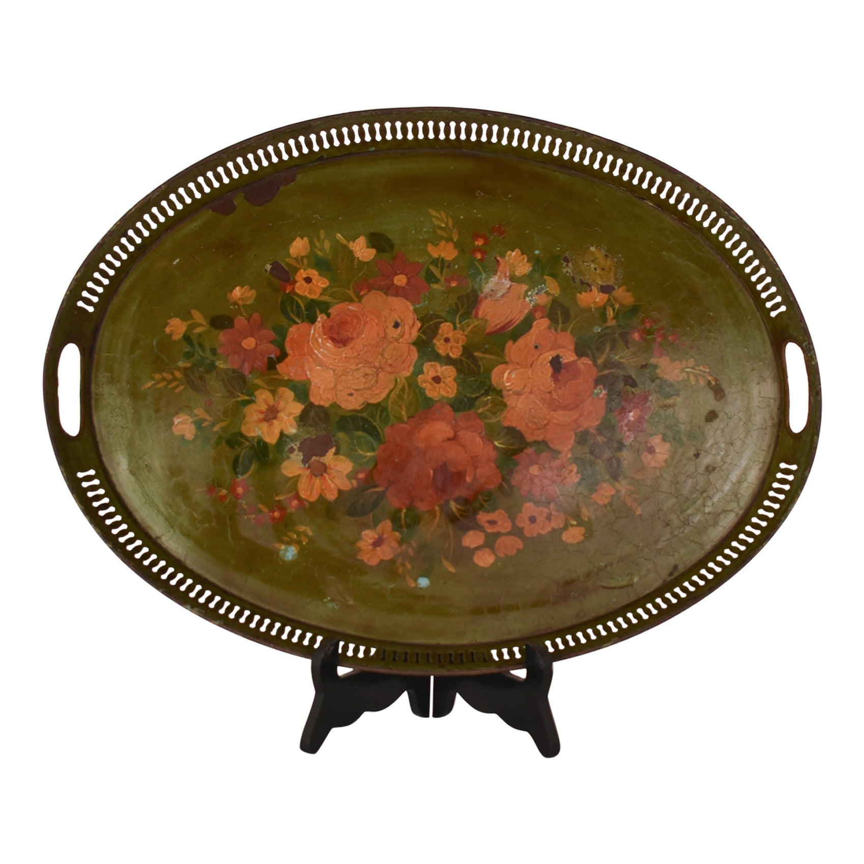 19th Century green tray with flowers in hand-painted metal. France 1960
s