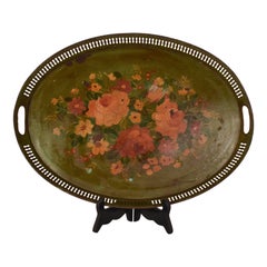 Antique 19th Century green tray with flowers in hand-painted metal. France 1960's