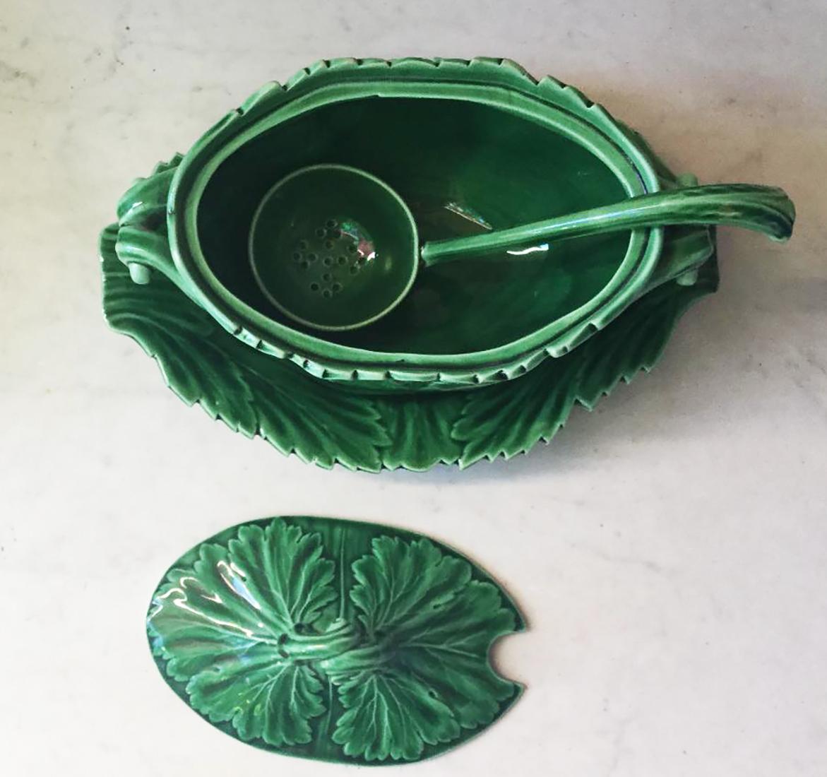 British 19th Century Green Victorian Spode Majolica Tureen with Ladle and Stand