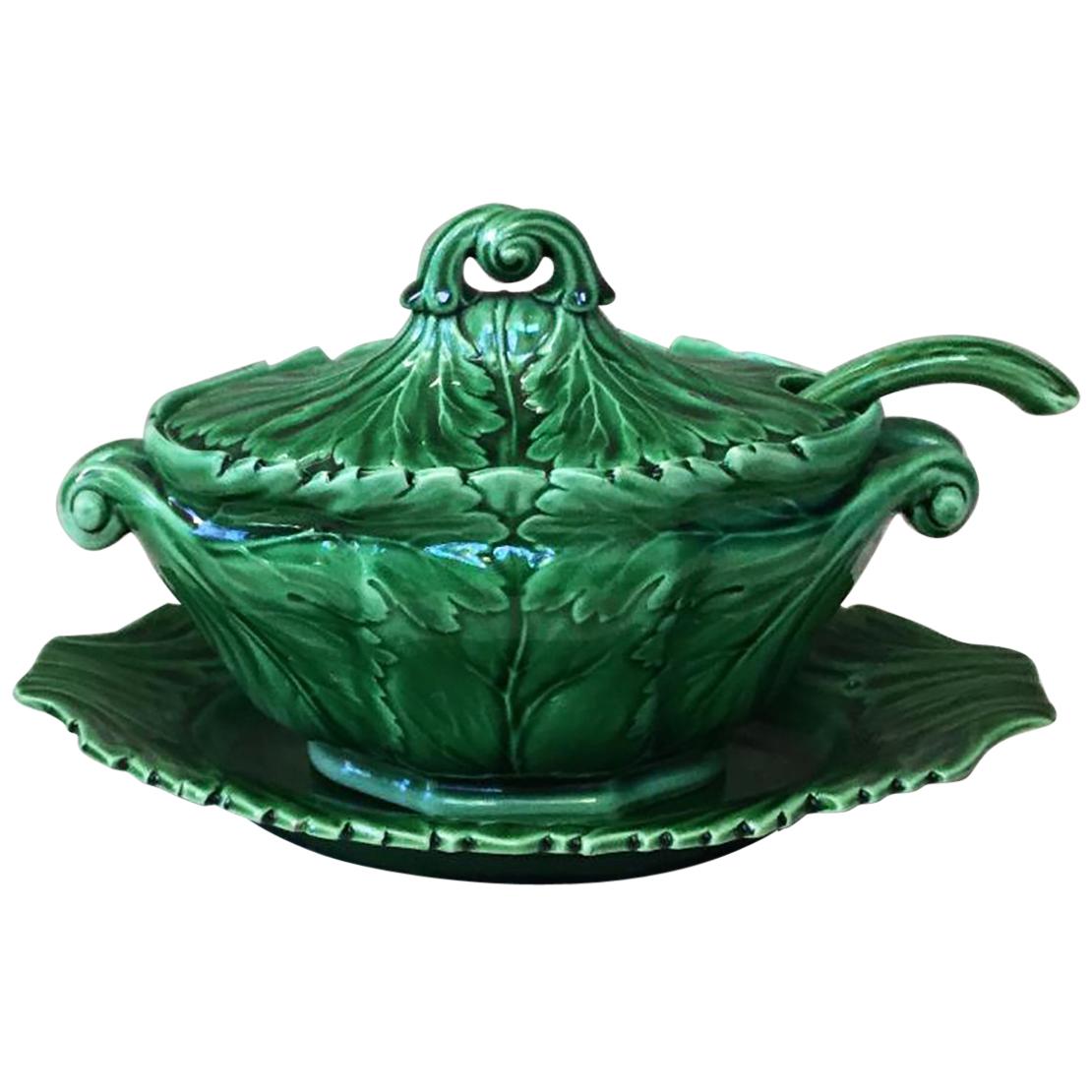 19th Century Green Victorian Spode Majolica Tureen with Ladle and Stand