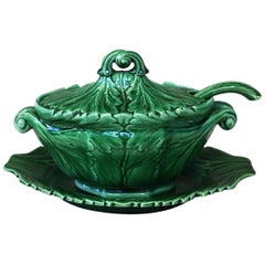 19th Century Green Victorian Spode Majolica Tureen with Ladle and Stand