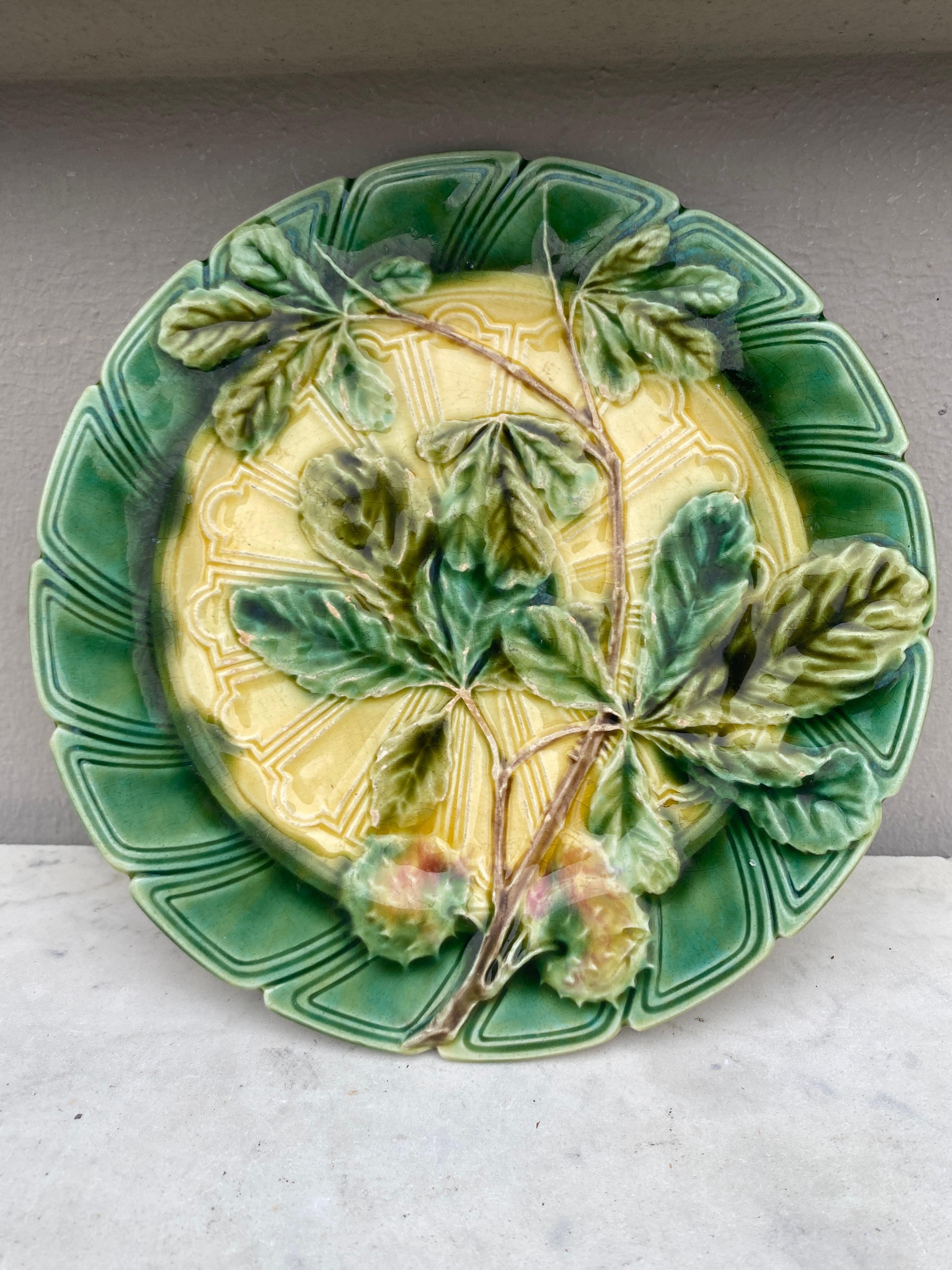 French 19th Century Green & Yellow Majolica Oyster Plate For Sale