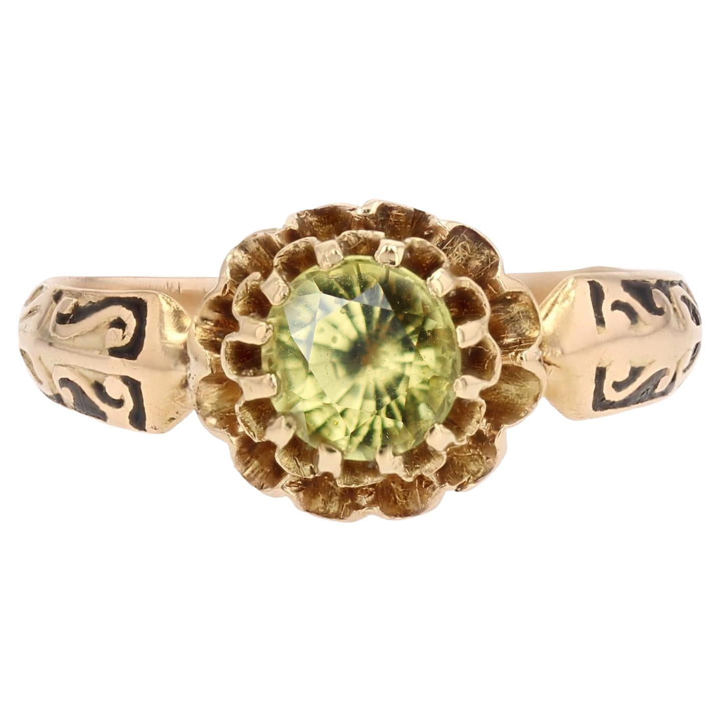 19th Century Green-Yellow Sapphire Enamelled 18 Karat Rose Gold Ring