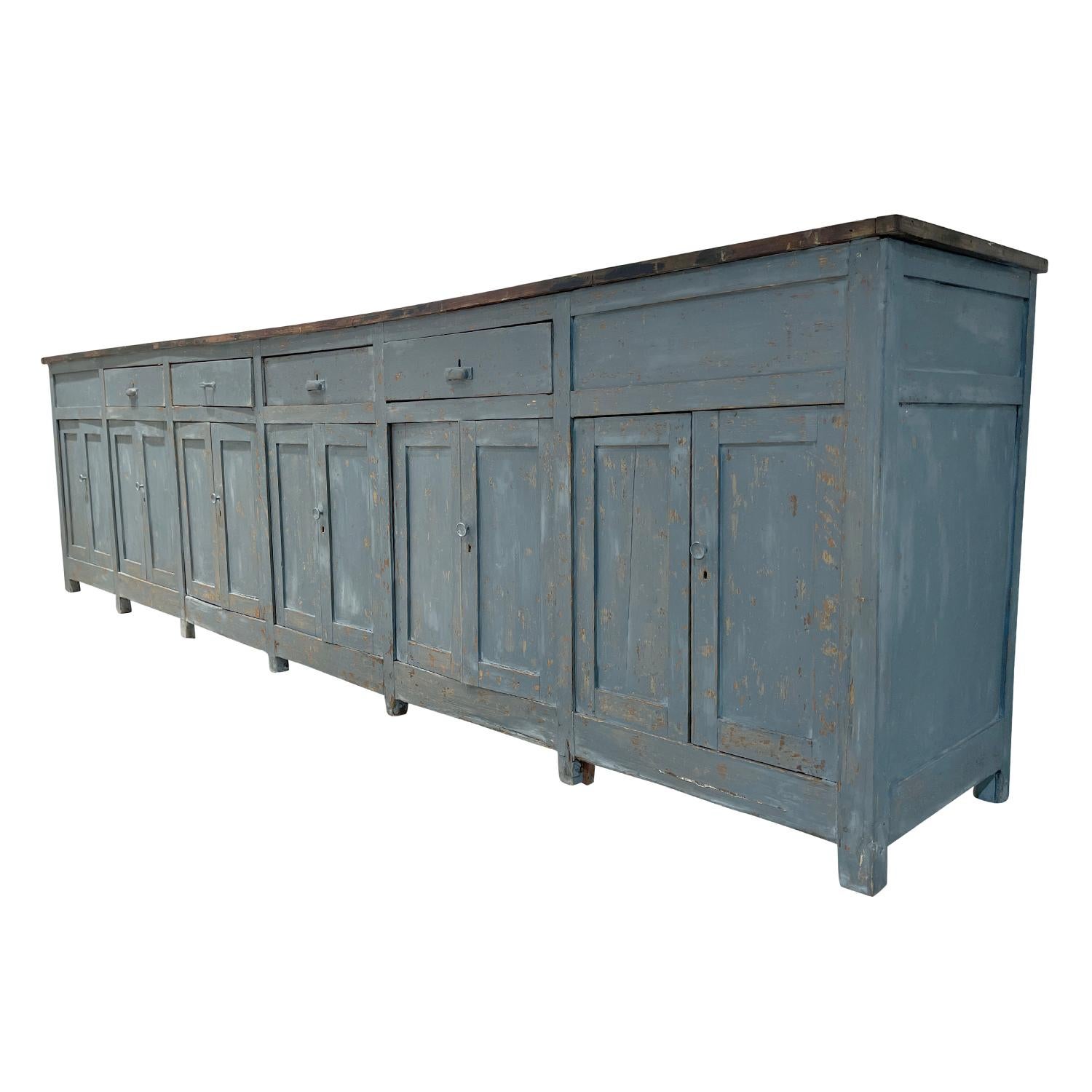Hand-Carved 19th Century Grey-Blue French Provencal Pinewood Credenza - Antique Sideboard For Sale