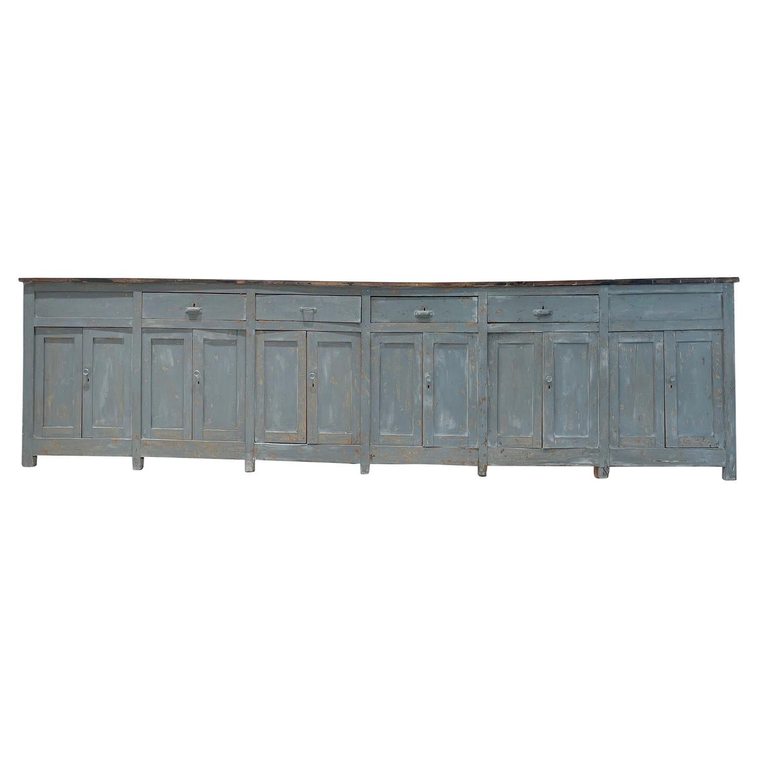 19th Century Grey-Blue French Provencal Pinewood Credenza - Antique Sideboard For Sale