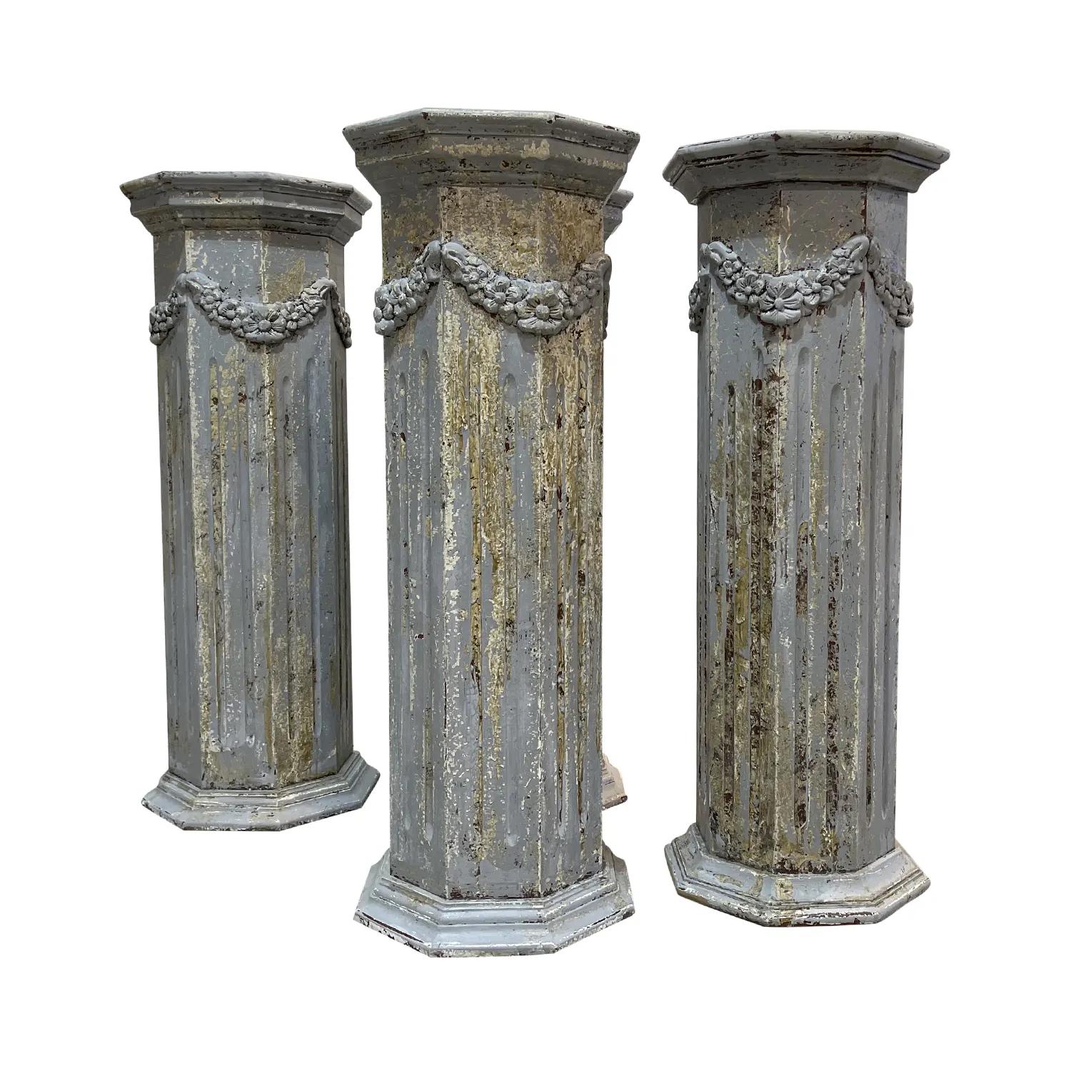 Hand-Carved 19th Century Grey-Blue French Set of Four Antique Pinewood Pedestals