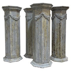 19th Century Grey-Blue French Set of Four Antique Pinewood Pedestals