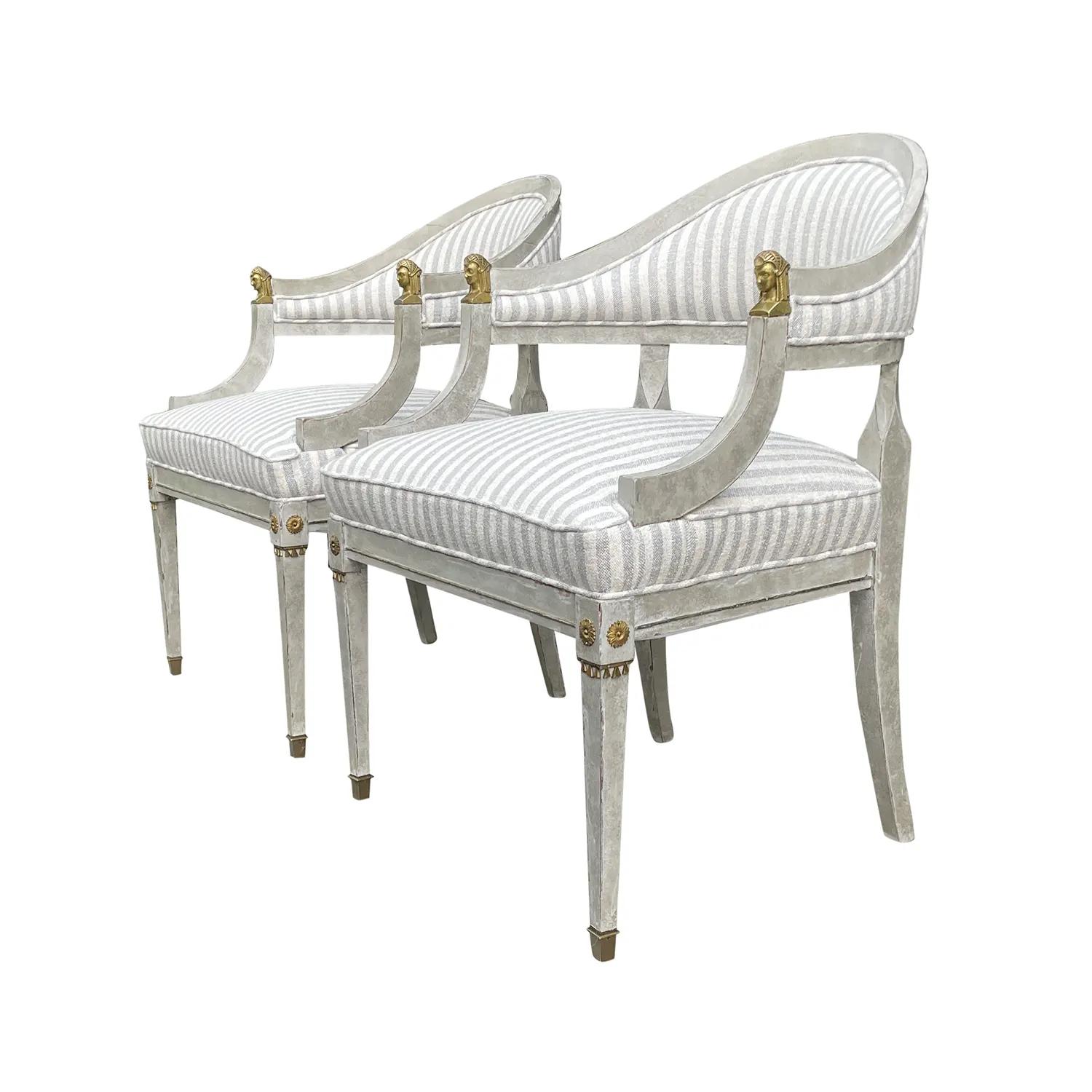 19th Century Grey-Blue Swedish Gustavian Pair of Pinewood, Bronze Armchairs In Good Condition In West Palm Beach, FL