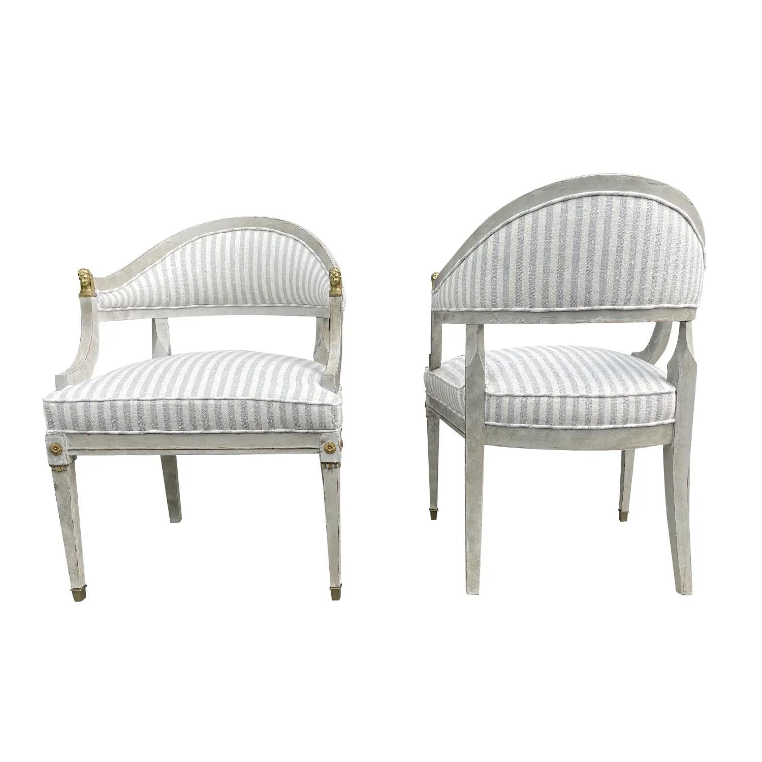 19th Century Grey-Blue Swedish Gustavian Pair of Pinewood, Bronze Armchairs 2