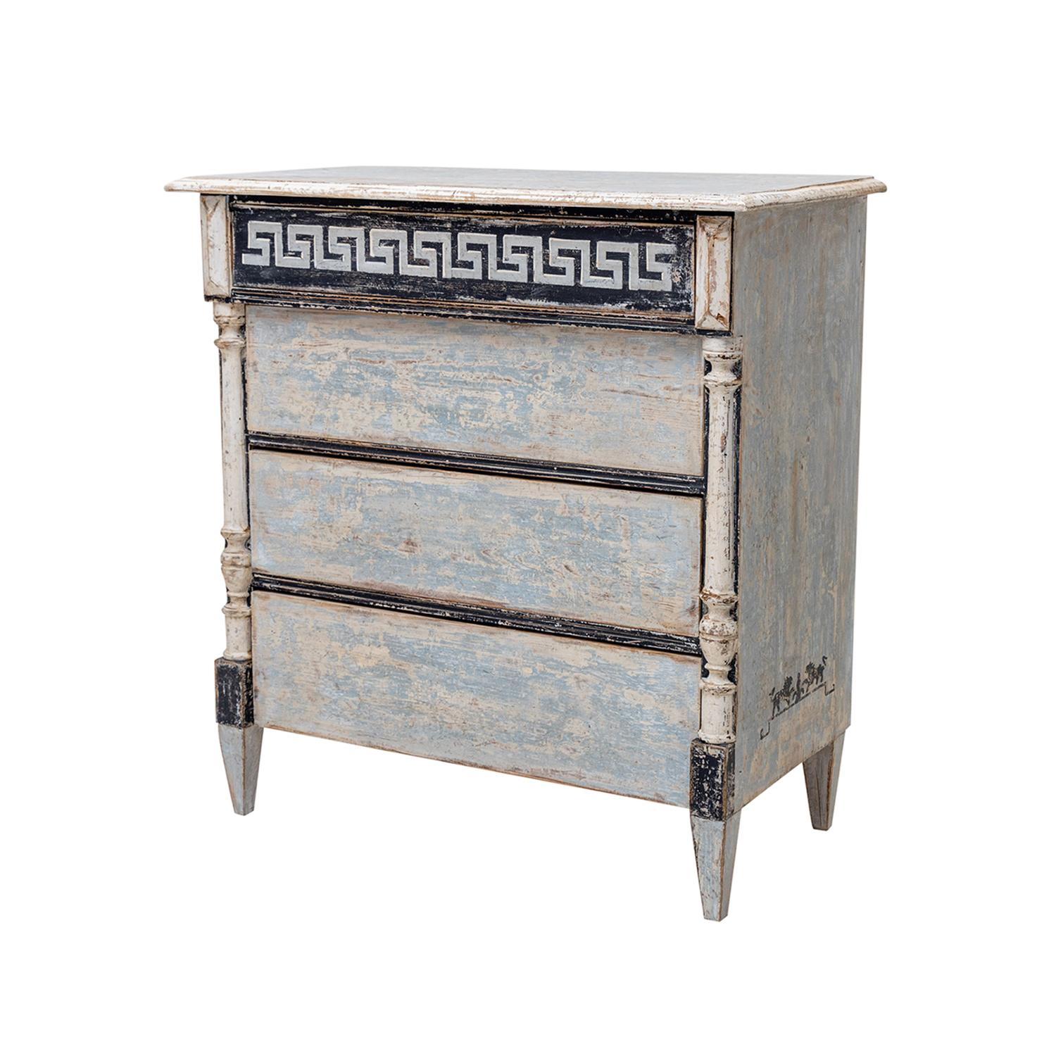 Hand-Painted 19th Century Grey-Blue Swedish Gustavian Pinewood Chest of Drawers, Commode