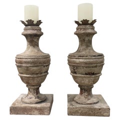 19th Century Grey-Brown French Pair of Antique Pinewood Baluster Candle Holders