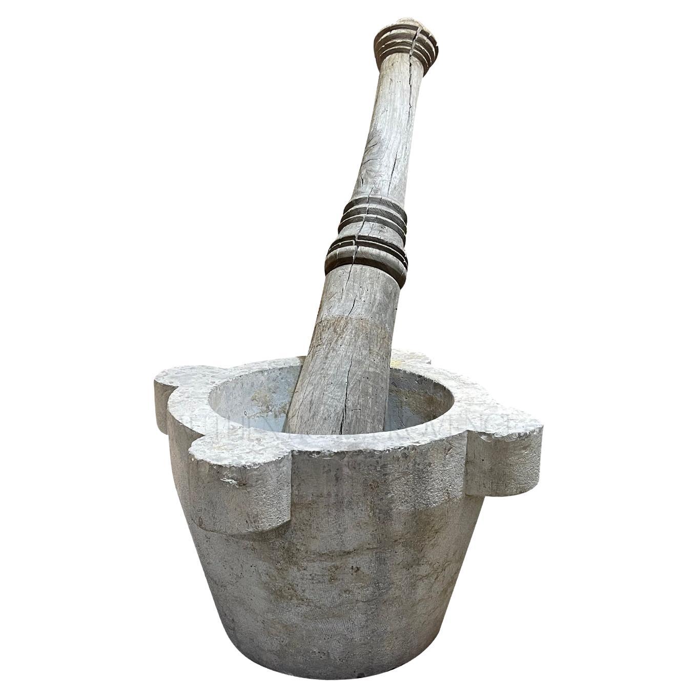 19th Century Grey-Brown Italian Oversized Marble Mortar & Pestle, Antique Décor For Sale