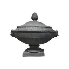 Antique Neoclassical Lead Urns, Oval Shape, Acanthus Decor, Circa 1900