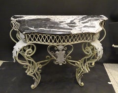 19th Century Grey French Console Table, Wrought Iron, White and Black Marble