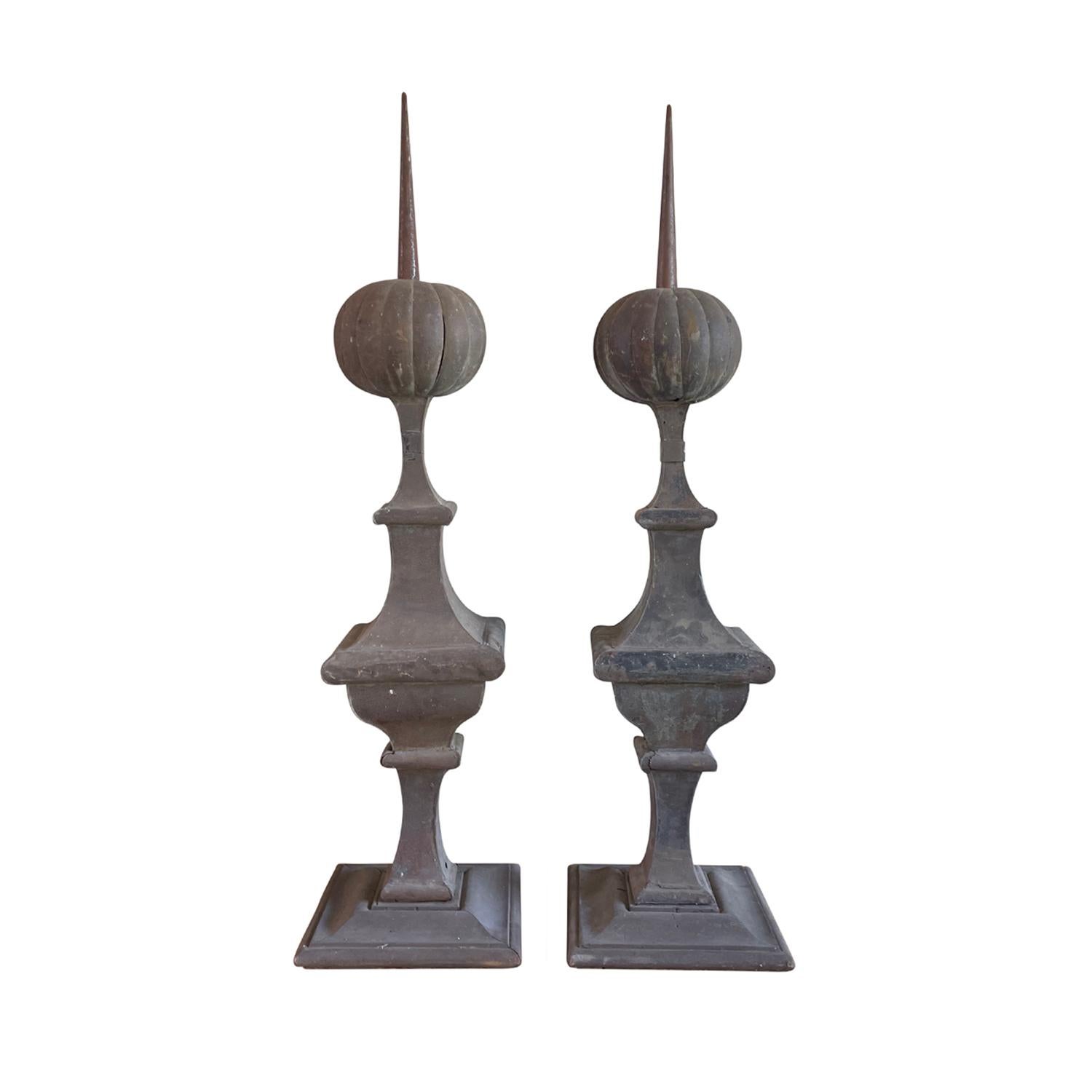 Metal 19th Century Grey French Pair of Oversized Zinc Finials, Antique Ornaments For Sale