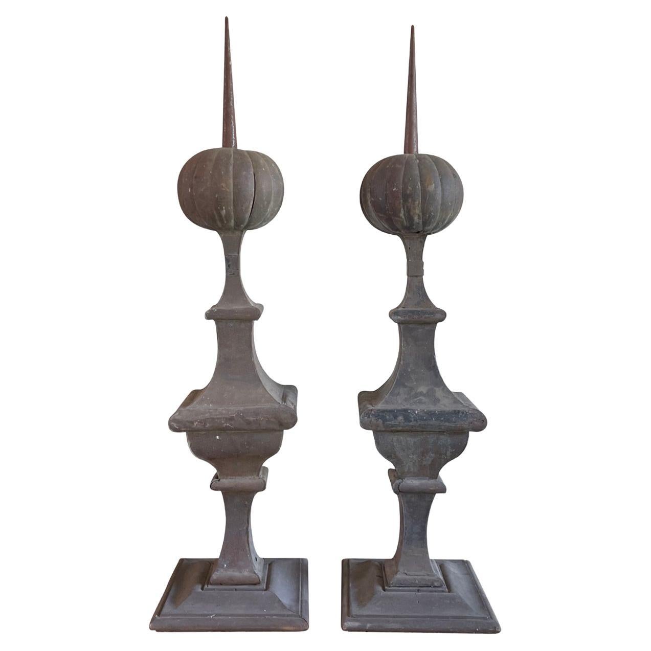 19th Century Grey French Pair of Oversized Zinc Finials, Antique Ornaments For Sale