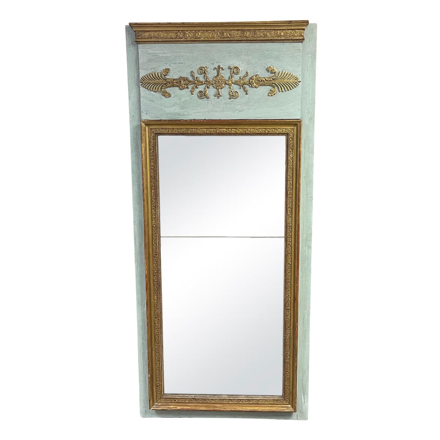 Hand-Carved 19th Century Grey-Green French Empire Antique Gilded Wood Trumeau Glass Mirror For Sale