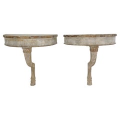 Antique 19th Century, Grey Italian Pair of Pinewood Demi-Lune Console Table