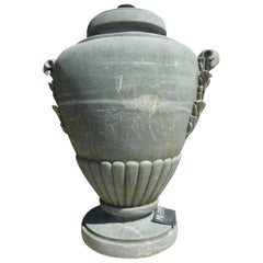 Antique 19th Century Grey Marble Jar with Hand Sculpted Gadroons and Leaf-Shaped Handles