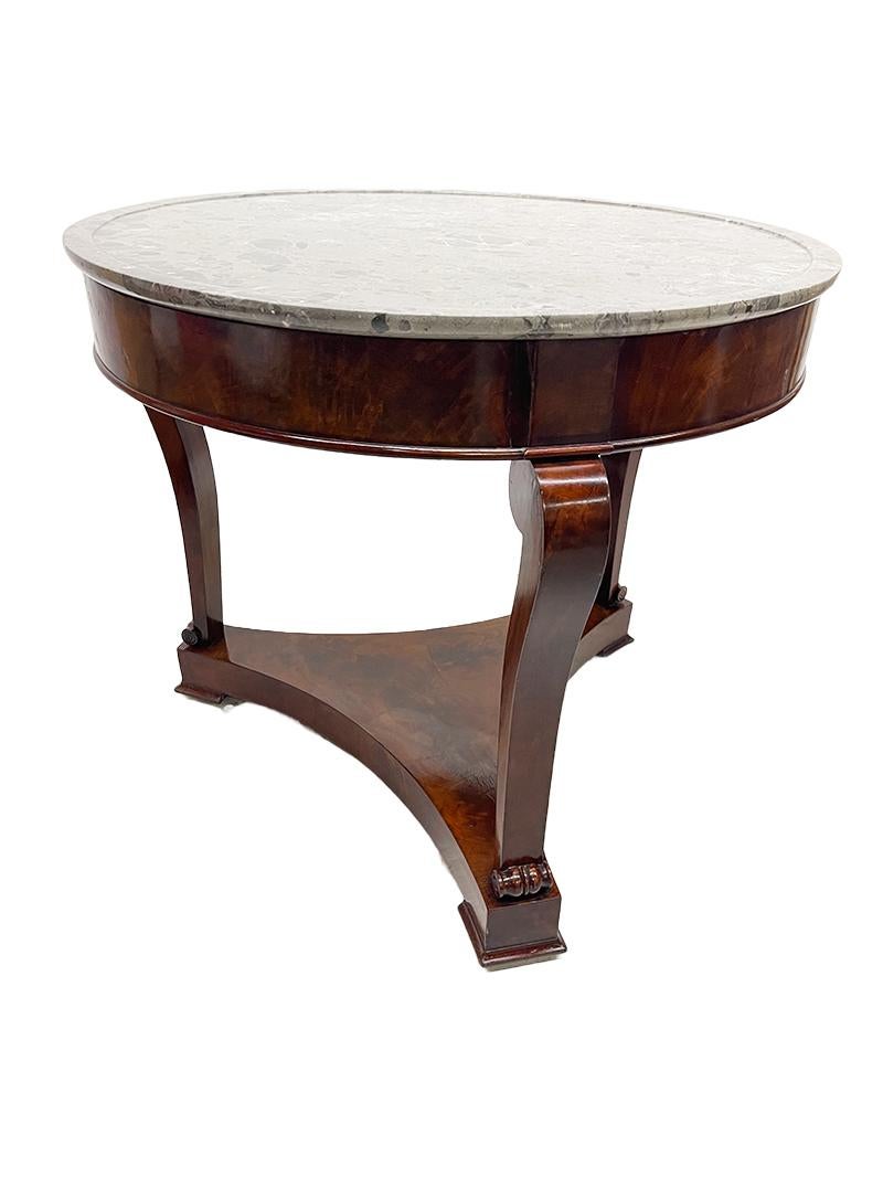 19th Century Charles X grey marble top table

A mahogany tripod table with scroll ornaments end of the feet and a beautiful colored grey marble top
A 19th Century Dutch mahogany table, 1840-1860
The marble top has one layer relief
The marble top