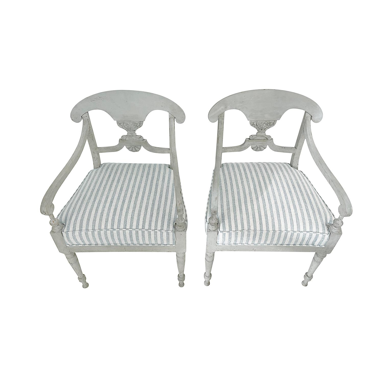 Hand-Carved 19th Century Grey Pair of Swedish Gustavian Armchairs - Antique Pine Side Chairs