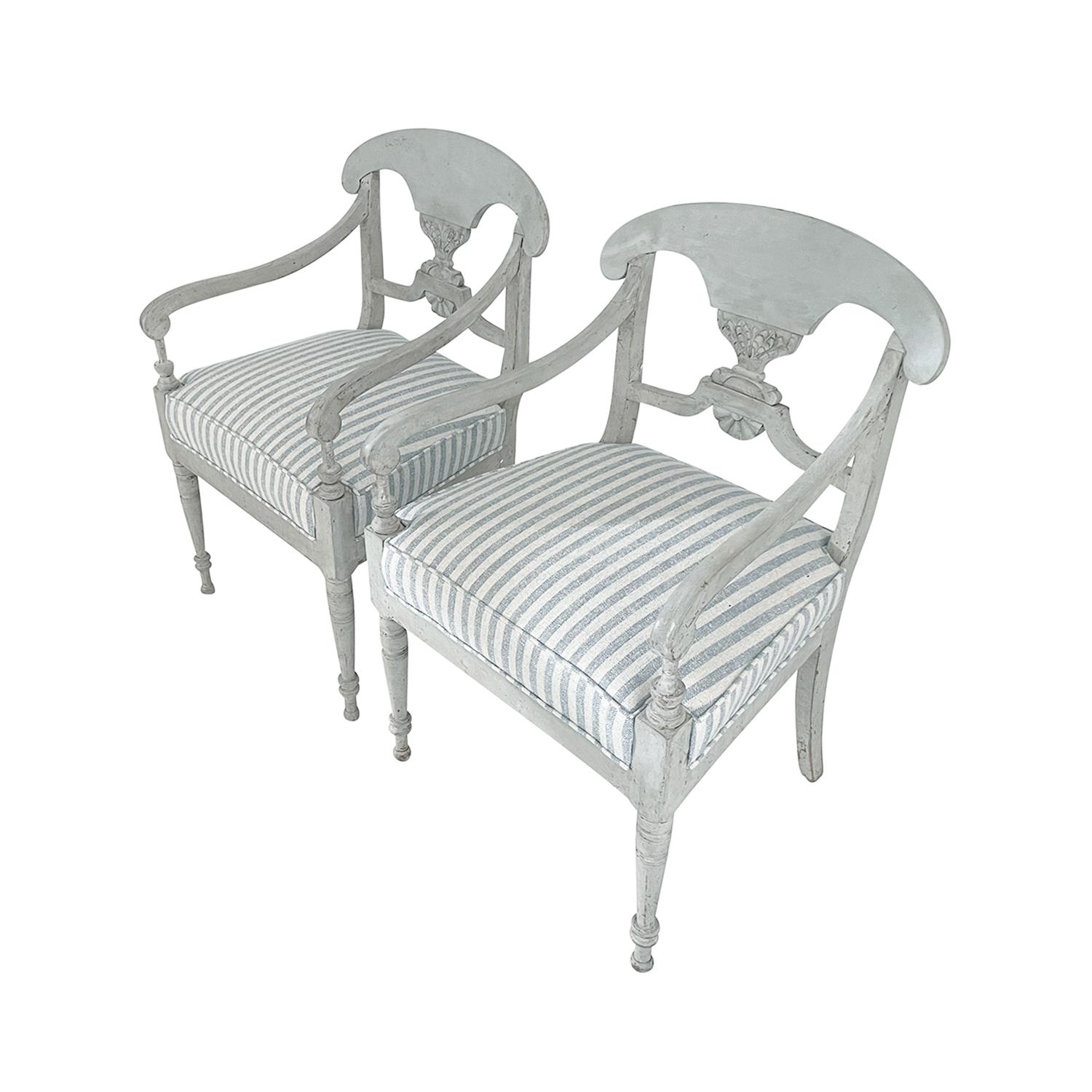 Fabric 19th Century Grey Pair of Swedish Gustavian Armchairs - Antique Pine Side Chairs
