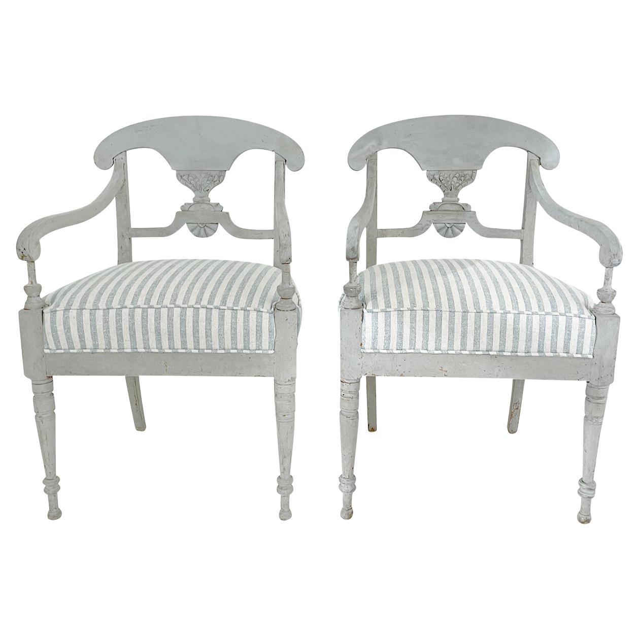 19th Century Grey Pair of Swedish Gustavian Armchairs - Antique Pine Side Chairs