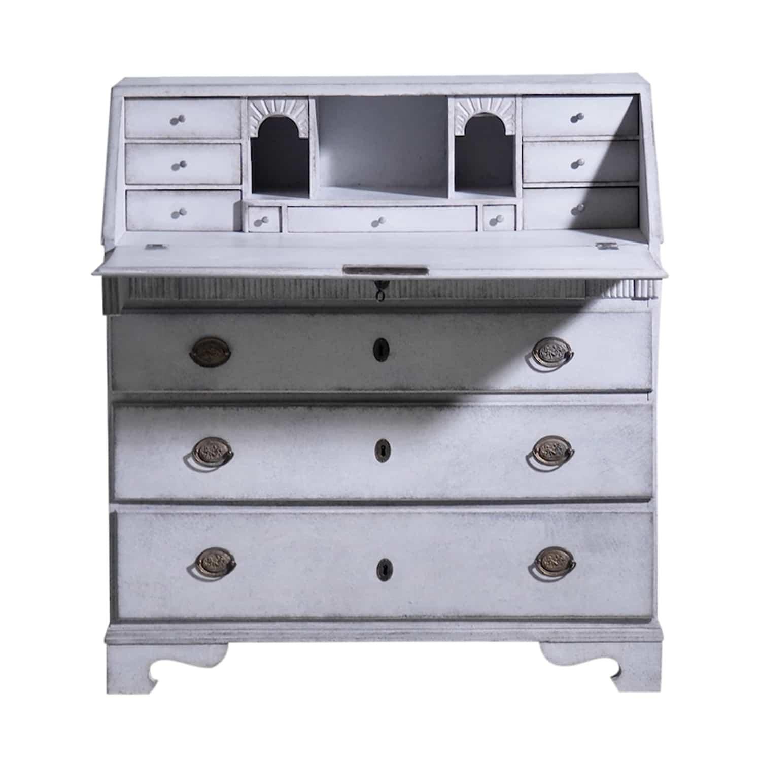 A light-grey, white antique Swedish Gustavian one part bureau, secretaire made of hand crafted painted Pinewood, in good condition. The Scandinavian writing table, desk is composed with a writing flap, three large drawers and one small one. The