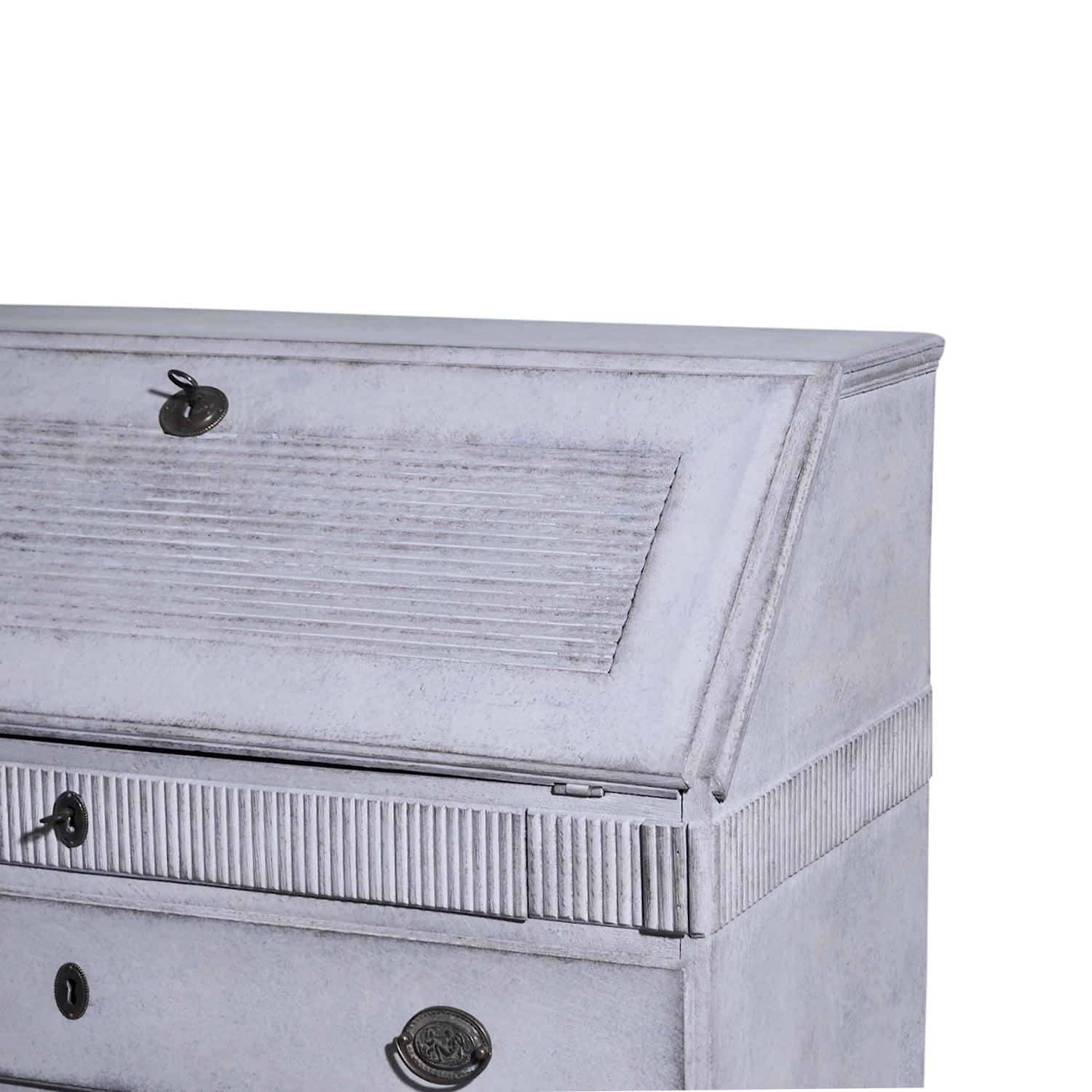 Hand-Carved 19th Century Grey Swedish Gustavian One Part Pine Bureau, Chrome Writing Table
