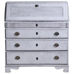 19th Century Grey Swedish Gustavian One Part Pine Bureau, Chrome Writing Table