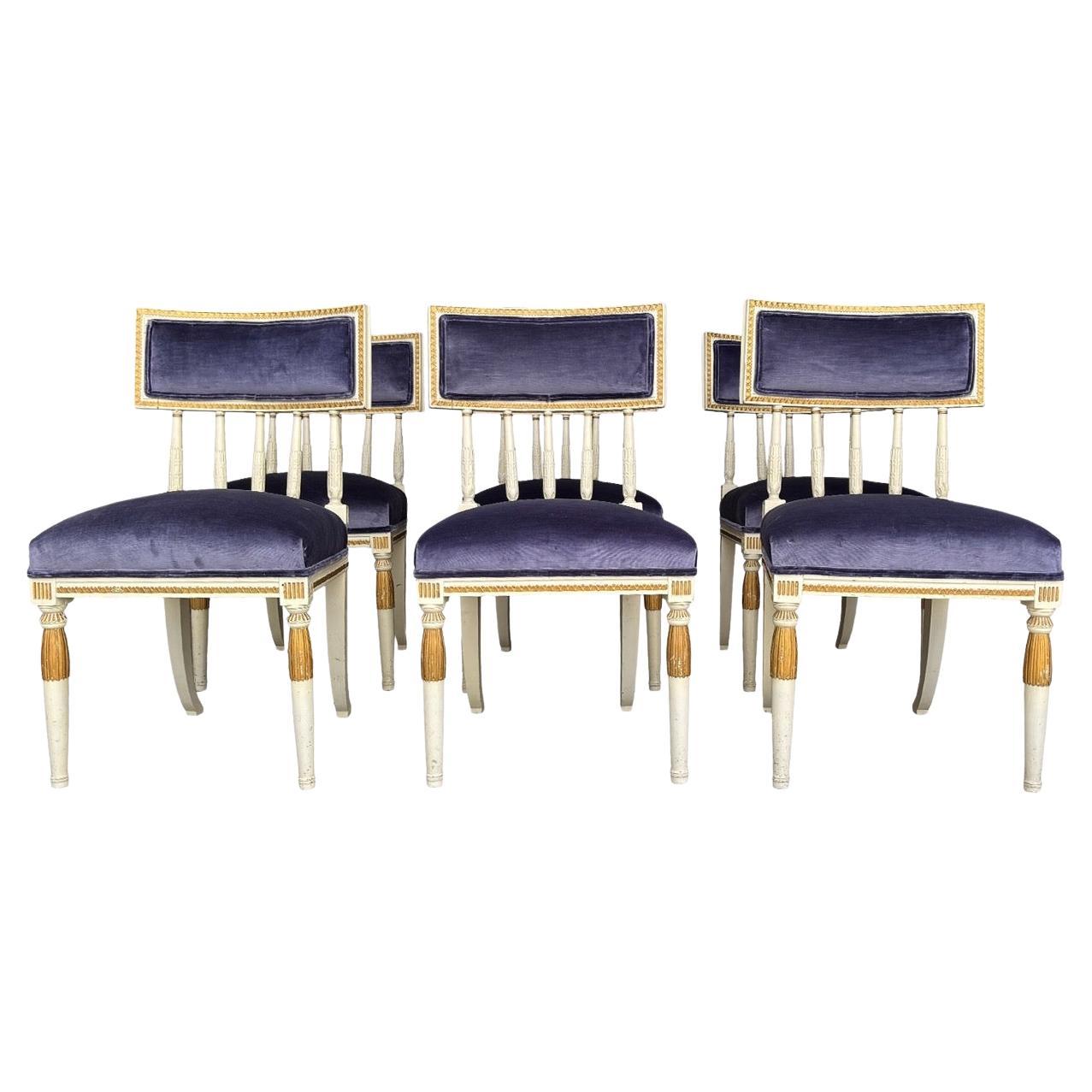 Juego de seis sillas de comedor antiguas de madera de pino sueco gris del siglo XIX