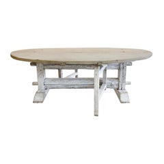 table pliante italienne gris-blanc du 19ème siècle:: table à manger ronde de ferme en bois de pin