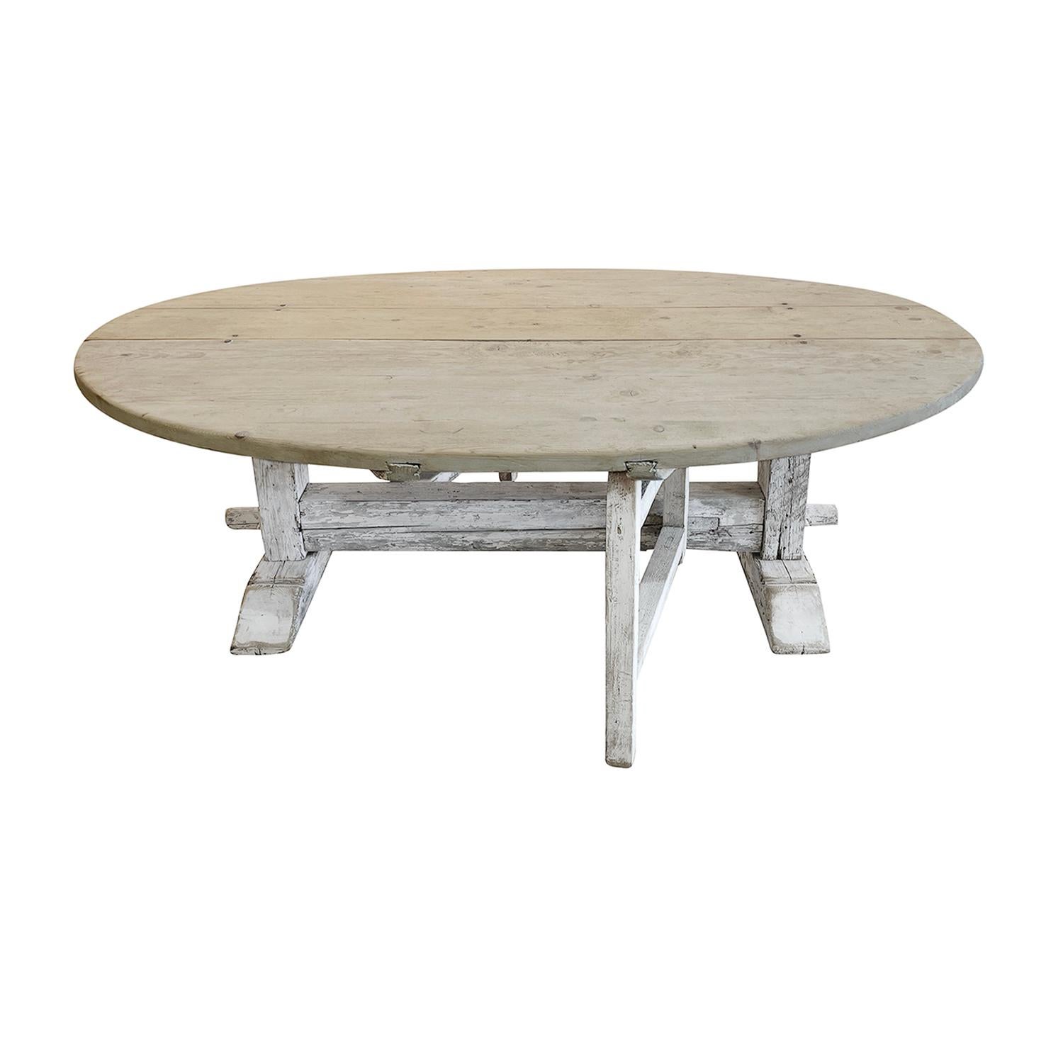 French Provincial 19th Century Grey-White Italian Folding Table, Round Pinewood Farm Dining Table