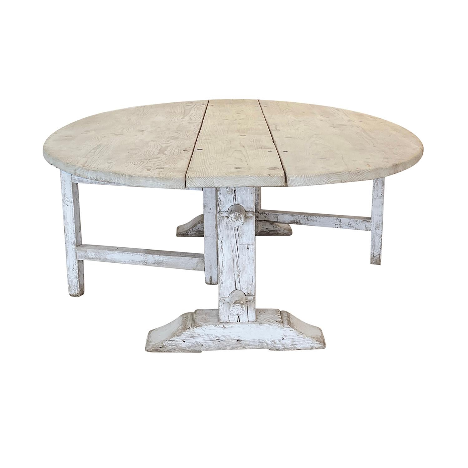 Hand-Carved 19th Century Grey-White Italian Folding Table, Round Pinewood Farm Dining Table