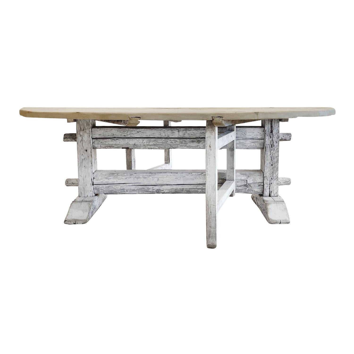19th Century Grey-White Italian Folding Table, Round Pinewood Farm Dining Table