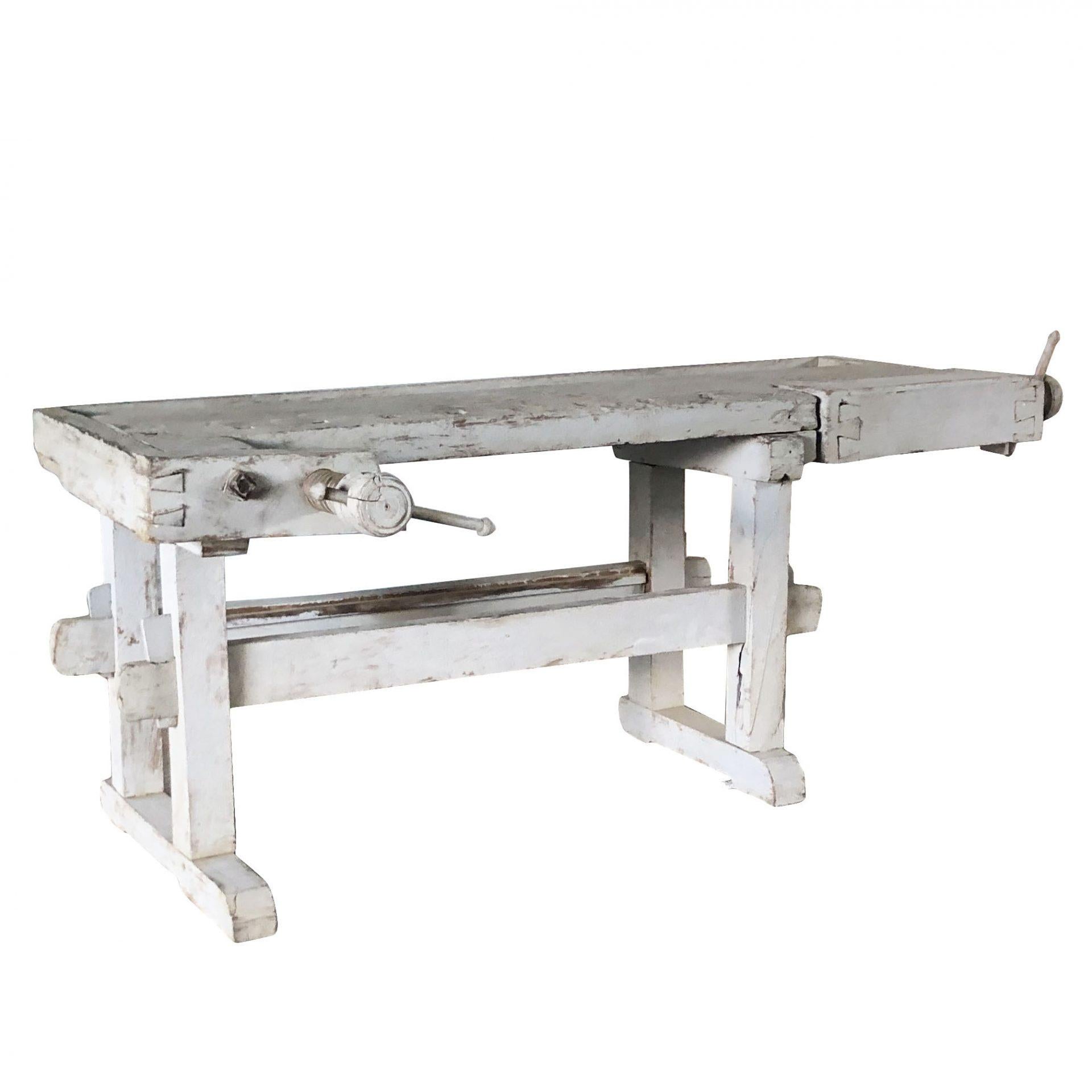 19th Century Grey-White Swedish Antique Pinewood Working, Carpenter Bench In Good Condition For Sale In West Palm Beach, FL