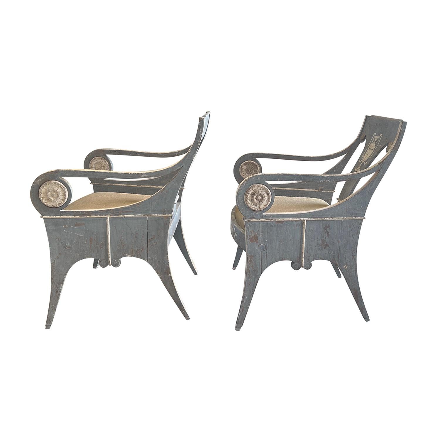 Hand-Carved 19th Century Grey-White Swedish Pair of Antique Gustavian Pinewood Armchairs