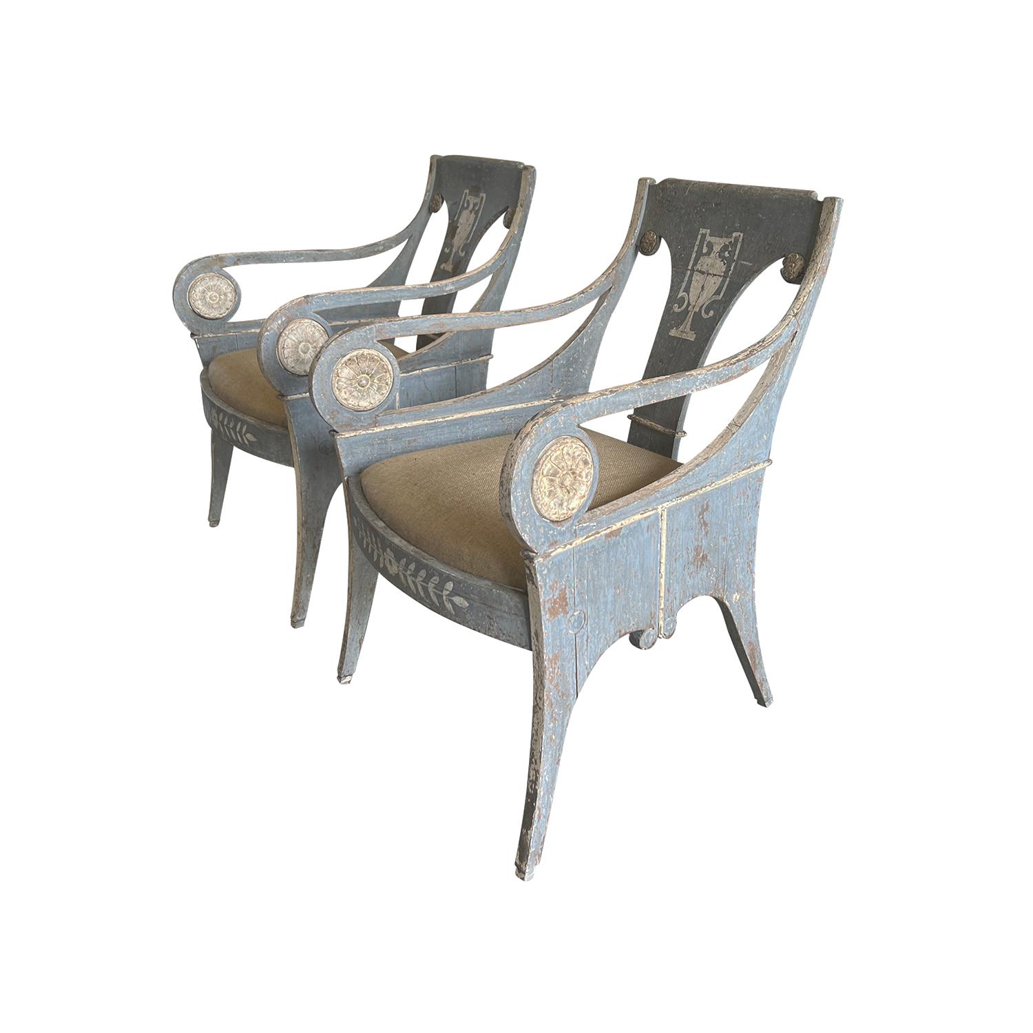 19th Century Grey-White Swedish Pair of Antique Gustavian Pinewood Armchairs In Good Condition In West Palm Beach, FL