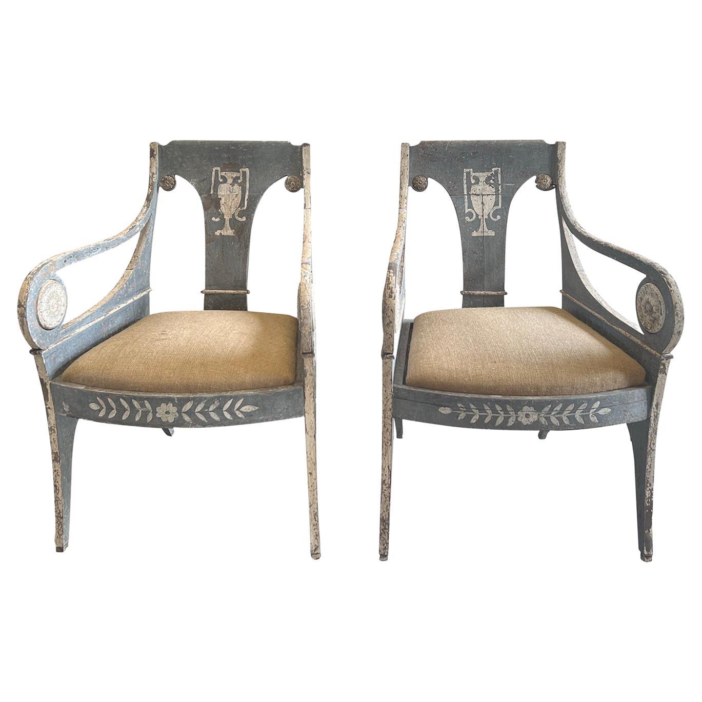 19th Century Grey-White Swedish Pair of Antique Gustavian Pinewood Armchairs