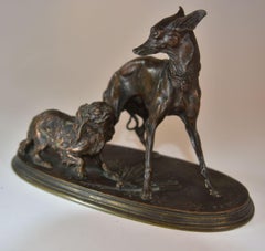 19th Century Greyhound and Pekingese Bronze Salon Dogs P. J Mène