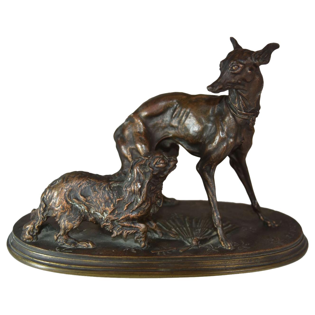 Chiens de salon en bronze du XIXe siècle, lévriers et pékinois P. J Mène