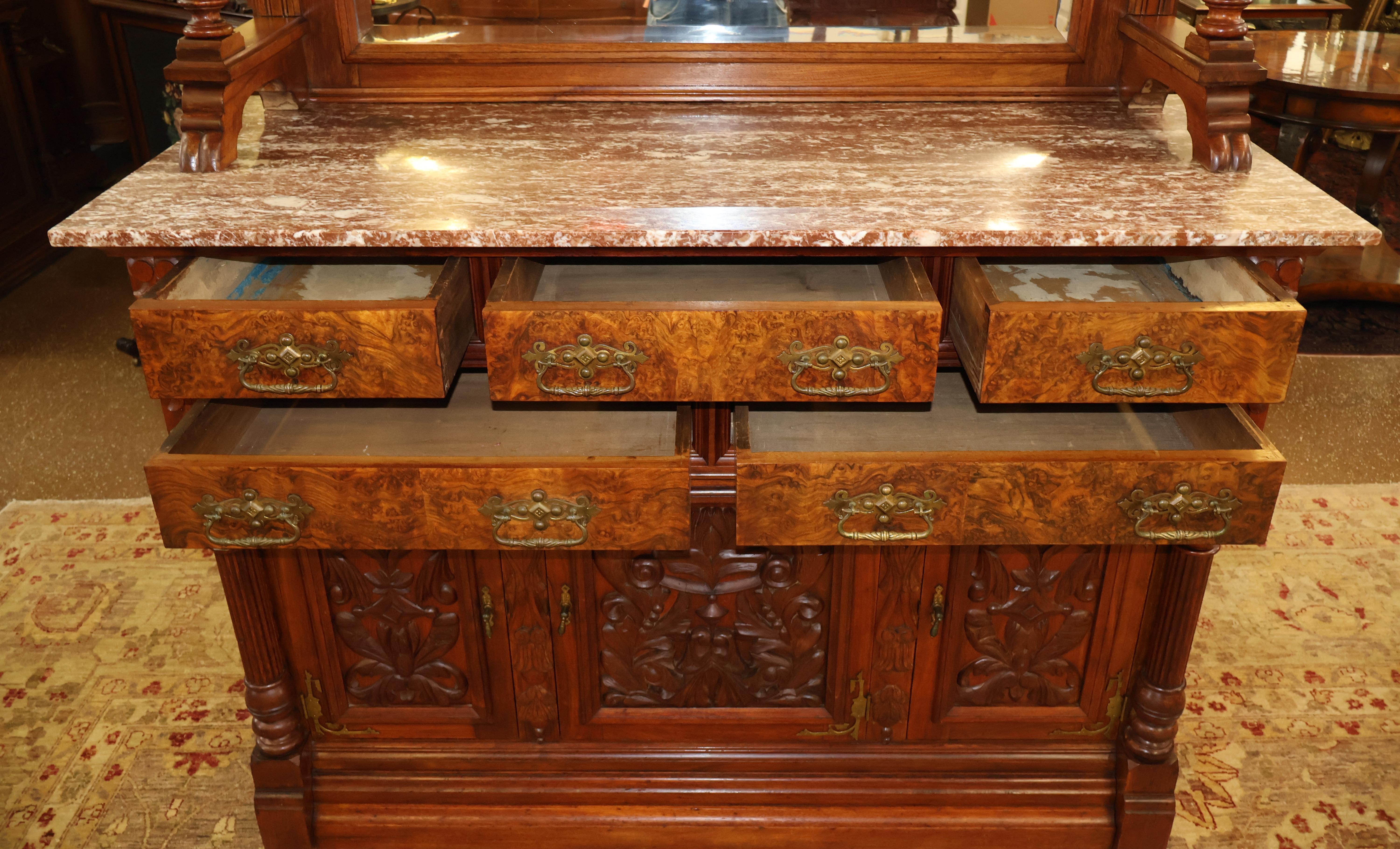 19th Century Griffin Eastlake Burl Walnut Marble Top Buffet Sideboard For Sale 10
