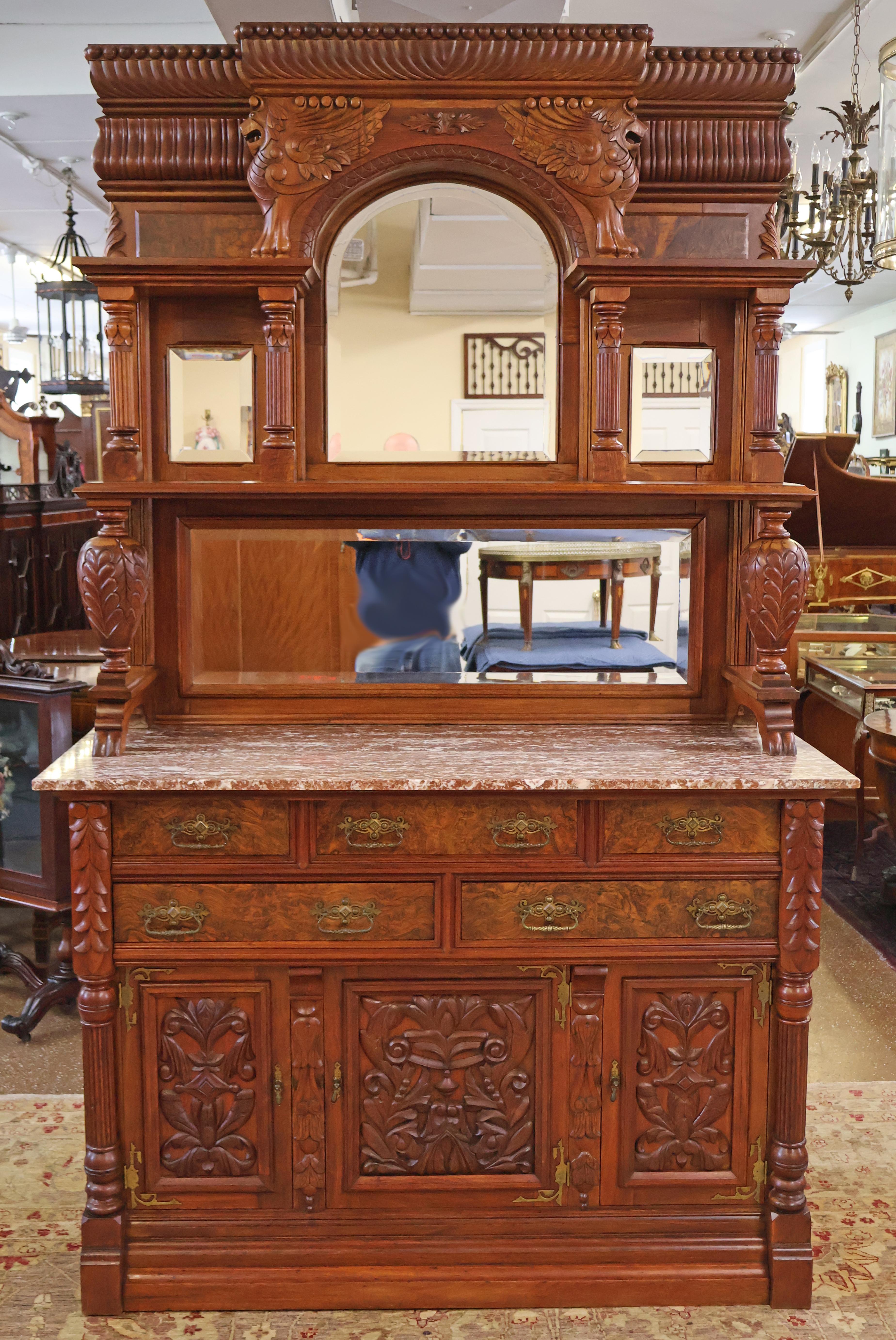 19th Century Griffin Eastlake Burl Walnut Marble Top Buffet Sideboard

Dimensions : 99