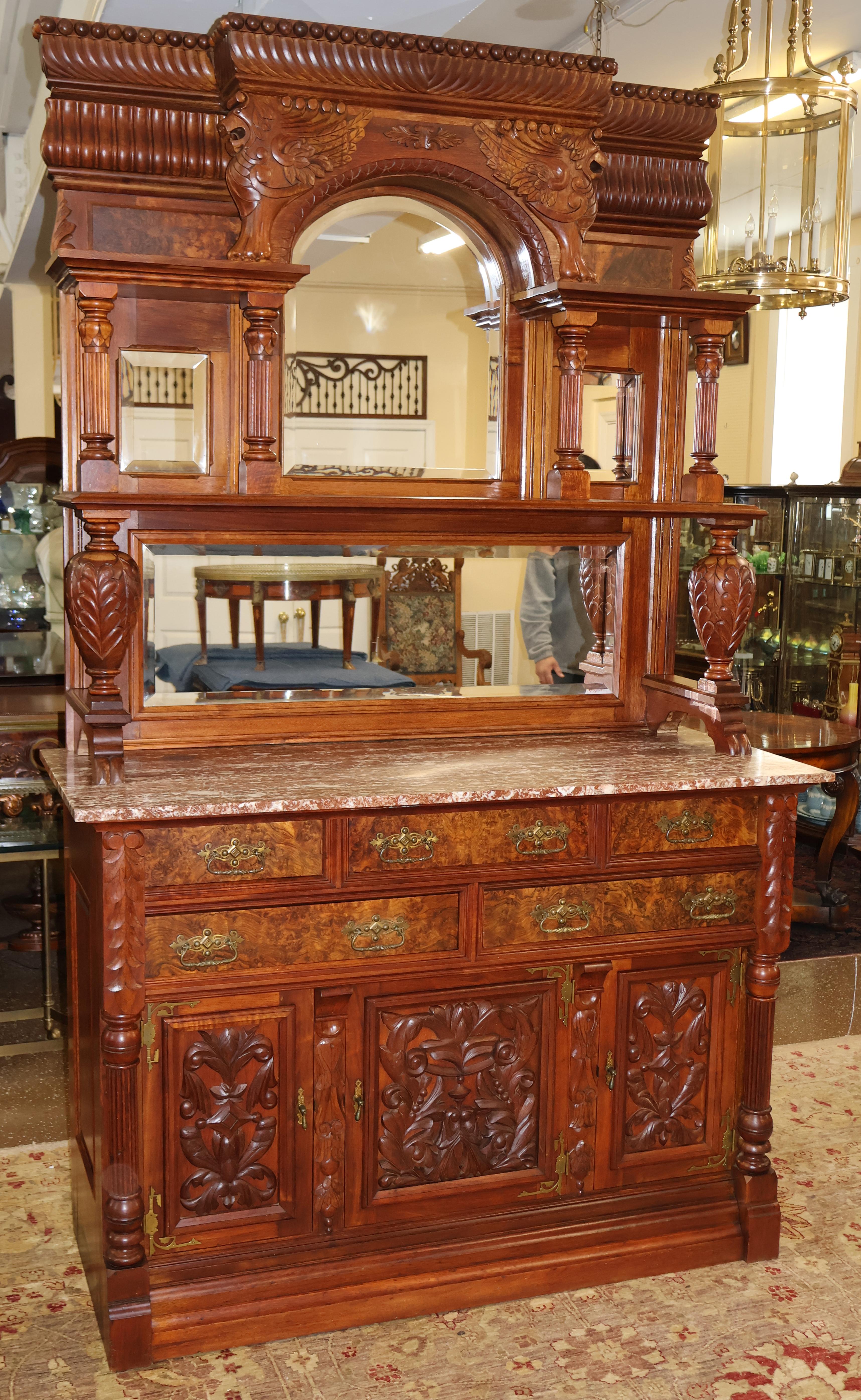 American 19th Century Griffin Eastlake Burl Walnut Marble Top Buffet Sideboard For Sale