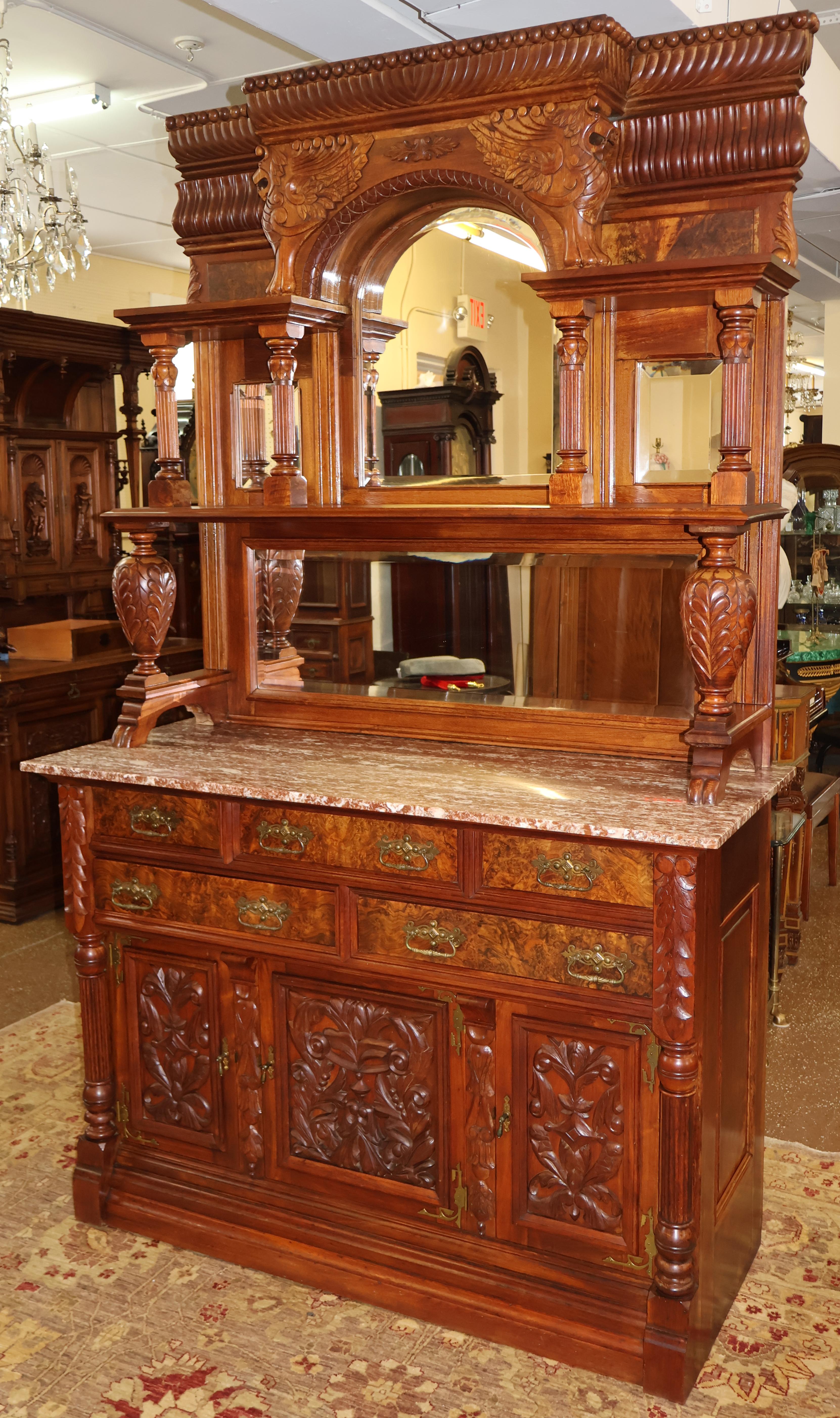 19th Century Griffin Eastlake Burl Walnut Marble Top Buffet Sideboard In Good Condition For Sale In Long Branch, NJ