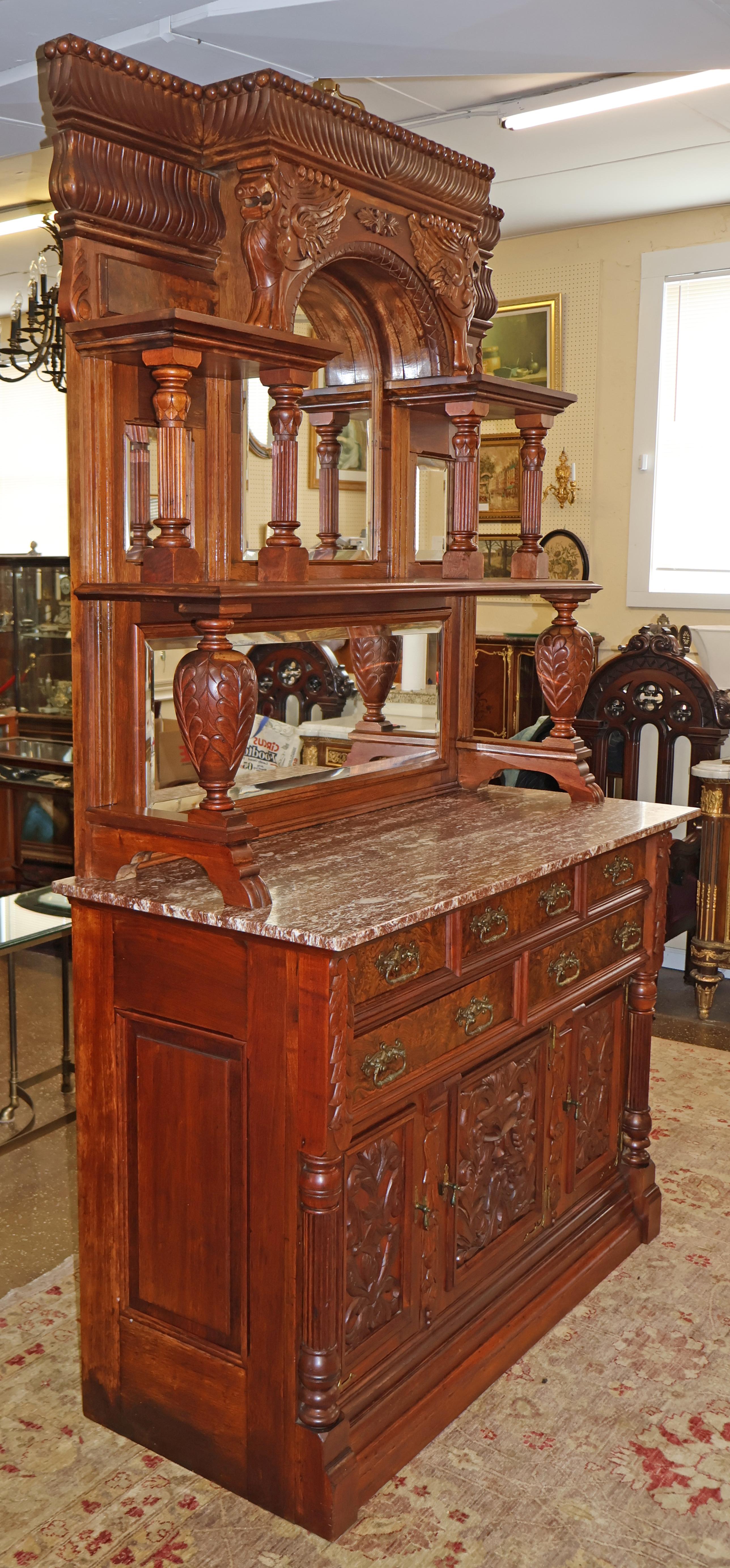 19th Century Griffin Eastlake Burl Walnut Marble Top Buffet Sideboard For Sale 1